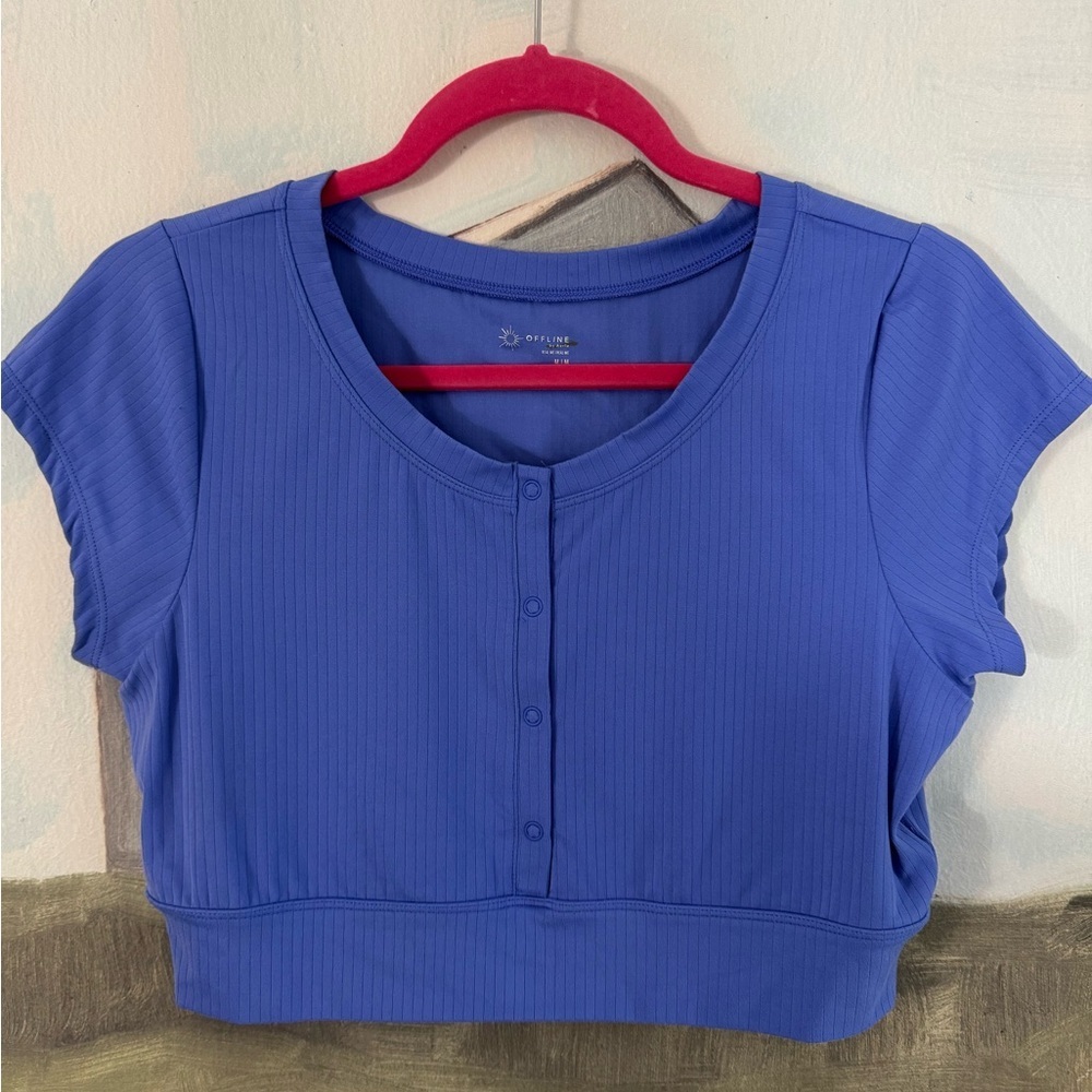AERIE OFFLINE Real Me Cropped Snap Front Top Cornflower Blue Size M - Picture 3 of 7